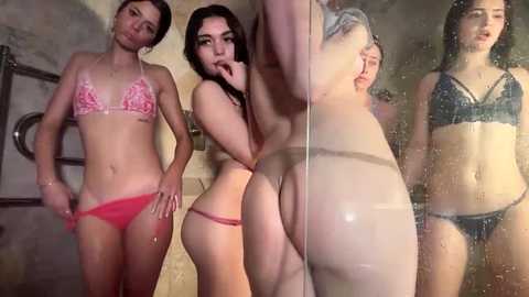 Video of three women in lingerie, two in red and one in blue, standing in a shower with fogged glass.