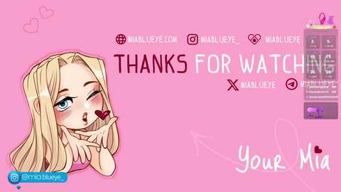 A digital drawing featuring a blonde girl with blue eyes and rosy cheeks, winking and blowing a kiss, set against a pink background with social media icons and text.