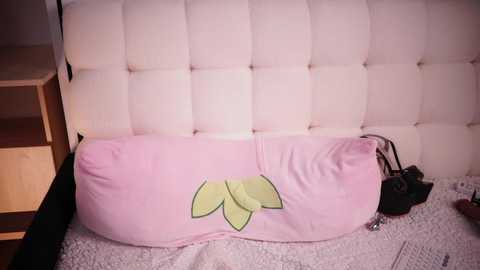 Media: Video of a plush, pink pillow with a green leaf design on a tufted, white headboard in a modern bedroom.