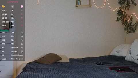 A video of a bedroom with a bed covered in a dark blue textured blanket, a white pillow, and a brown pillow. The background features a beige wall, a green plant, and string lights.