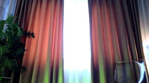 A video of a room with large, floor-length, peach-colored curtains partially drawn back, revealing a bright, sunlit window. A green potted plant and a clear plastic chair are visible to the left.