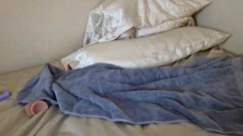 Media: A video of a messy bed with white and beige pillows, a blue blanket, and a partially visible person's arm. The setting is a dimly lit bedroom with neutral-colored walls.
