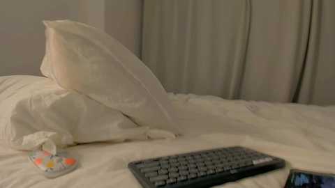 Media: A video of a bedroom featuring a white pillow with a plush texture, a black TV remote, and a colorful pill container on a neatly made bed.