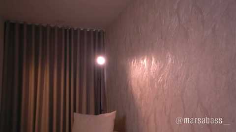 Media: Video of a dimly lit room with a textured beige wall and a large, dark green curtain. A single, bright light casts a shadow on the wall, creating a cozy, intimate ambiance.