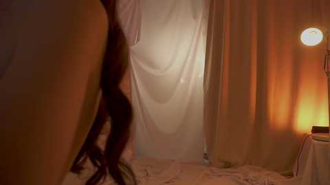 Video of a dimly lit, cozy bedroom with a white canopy bed, sheer curtains, and a warm, amber glow from a bedside lamp. The scene exudes a romantic, intimate atmosphere.