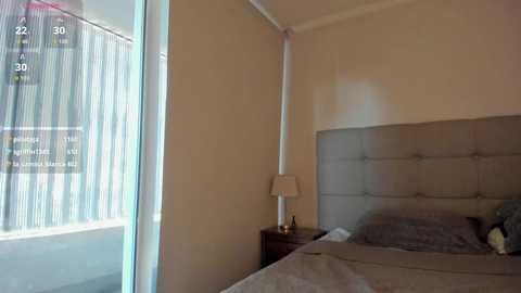 Video of a minimalist bedroom with a large window, beige walls, a grey upholstered headboard, and a dark wooden nightstand with a lamp. The bed is neatly made with grey sheets.