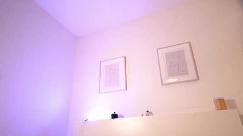 Video of a minimalist corner room with white walls, featuring two framed black-and-white line drawings and a small white shelf with a glass bottle, a candle, and a glass.