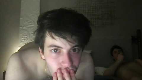 Video of a shirtless young man with messy dark hair, mouth open, performing oral sex on another man in dimly lit bedroom.