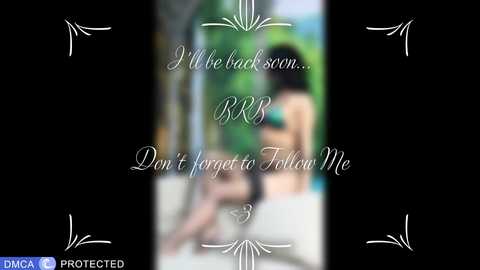 A blurred video of a woman in a bikini, with white text overlay saying, \"I'm back soon... Don't forget to follow me.\" Background features green foliage.