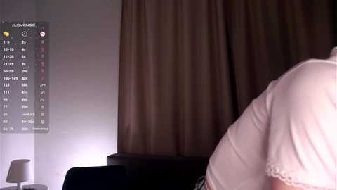 Video of a dimly lit room with a large, brown curtain and a partially visible person in a white shirt sitting on a black couch. A white chair is in the background.