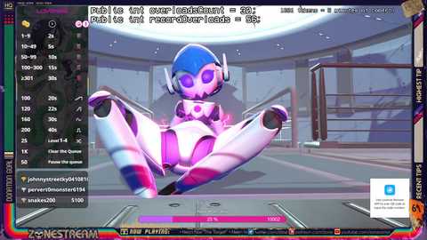 This is a digital screenshot of a video game interface featuring a blue and pink robotic character with a childlike face, reclining suggestively on a futuristic, metallic floor. The game interface displays various buttons and icons.