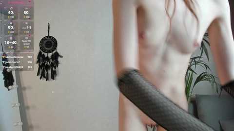 Video of a nude, slender, fair-skinned person with long hair, holding a black feather duster, standing next to a dreamcatcher wall hanging in a minimalist room.