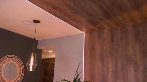 Video of a modern living room with a wooden ceiling, a pendant light, and a round wicker wall decor.