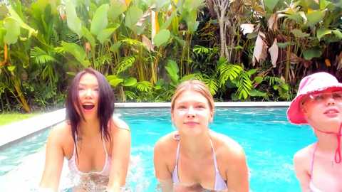 Video of three smiling, sun-kissed young women in swimsuits, with vibrant green tropical plants in the background, enjoying a sunny day by a clear blue pool.
