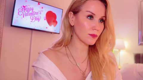 Video of a fair-skinned blonde woman with long, wavy hair, wearing a white off-shoulder top and gold necklace. Background includes a Valentine's Day-themed TV screen and a lamp.