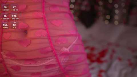 Video of a woman in a sheer, pink heart-patterned dress with a lace trim, showcasing her bare midriff, in a dimly lit room with blurred, bokeh background.
