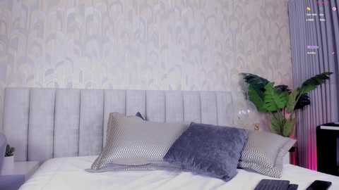 Video of a modern bedroom with a gray upholstered headboard, white bed linens, and two decorative pillows in silver and gray. Background features patterned wallpaper and a large potted plant.