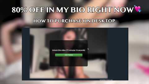 Video of a blurred, sexual scene with a white woman and a black man. Text at the top reads: \"80% OFF IN MY BIO RIGHT NOW How to purchase on desktop.\