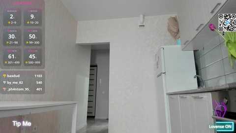 Video of a minimalist, white kitchen with a glass refrigerator, modern light fixtures, and a white wall with a framed portrait. Digital overlay shows a QR code and temperature controls.