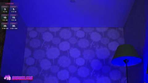 A video of a dimly lit room with a blue-toned wall featuring a pattern of circular shapes. A green lampshade and a digital display with game statistics are visible.