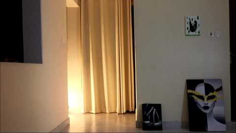 A video of a minimalist hallway with beige walls and a tall, light yellow curtain. The right wall features abstract art and a black-and-white portrait of a woman with a yellow mask.