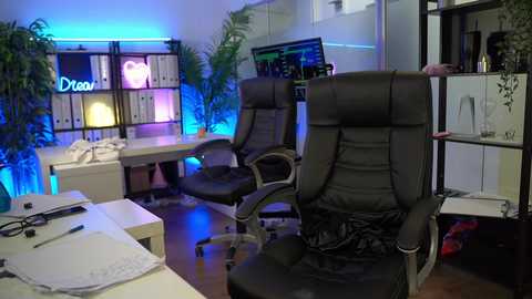 Video of a modern office with two black leather executive chairs, a desk with papers, a computer monitor, and blue LED lighting.
