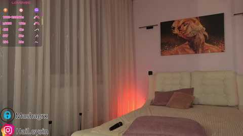 Video of a modern, dimly lit bedroom with a plush white bed, beige curtains, and a large framed painting of a nude woman with a lion.