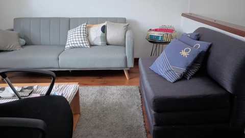 A video of a minimalist living room with a grey couch, wooden floor, and a blue throw pillow with a white and yellow design on a grey rug.