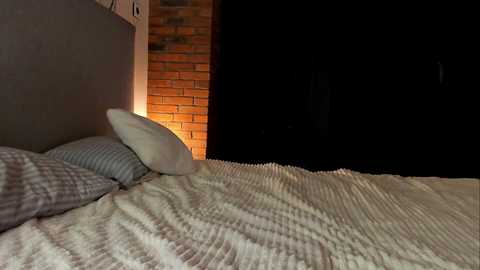Video of a cozy bedroom with a brick wall, a dark wooden door, a gray headboard, and a white pillow on a textured, striped white and gray blanket.