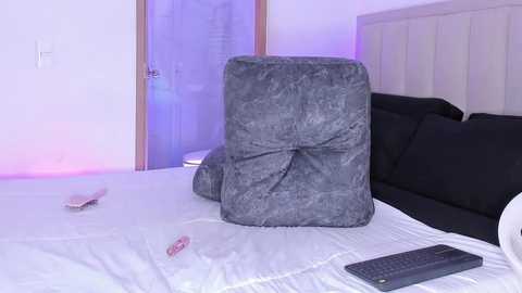 Video of a modern bedroom with a plush gray cushion on a white bed, black pillows, and a remote control on the bed, lit by soft purple ambient light.