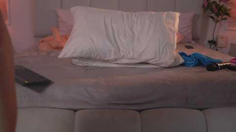 Video of a neatly made bed with white pillows, a beige comforter, and a gray keyboard on the left. Background includes a headboard and a pink nightstand with a vase of flowers.