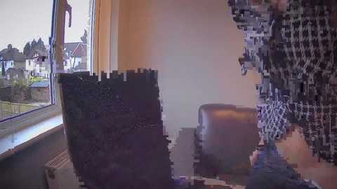 A video shows a woman with long, dark hair, wearing a black and white patterned dress, sitting in a window seat. The background features a blurry, pixelated image of a suburban neighborhood.
