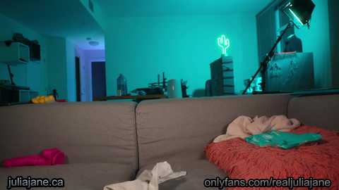 A video of a dimly lit living room with a gray sectional couch, a bright green pillow, and a pink vibrator on the floor, neon lights, and a camera setup in the background.