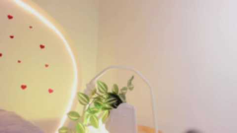 A video of a minimalist, softly lit bedroom with a cream wall, a potted plant, and a white bed frame. The room has a serene, modern aesthetic.