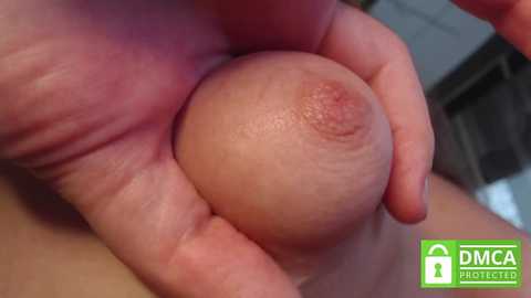 Video of a light-skinned person's hand squeezing a small, round breast, with visible veins and areola. Background is blurred.