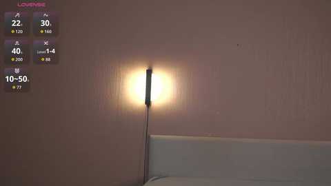 Video of a dimly lit room with a bedside lamp casting a soft glow on a beige wall. The bed has a white pillow and sheet. The background displays a weather app with temperature and humidity readings.