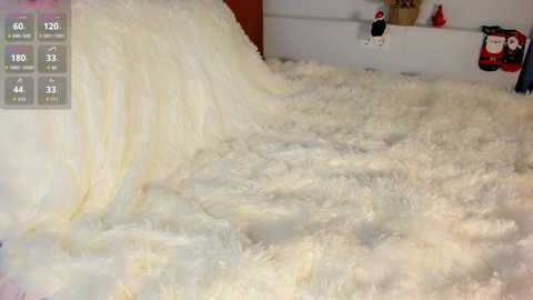 Video of a plush, fluffy white rug covering a bed with a wooden headboard. A digital thermometer on the left shows 60 degrees Fahrenheit. The room has a cozy, warm ambiance.
