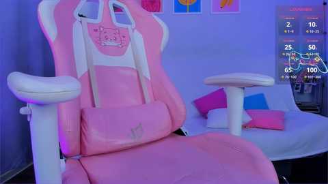 Video of a pink gaming chair with white accents and cat ears, against a purple wall with framed art.